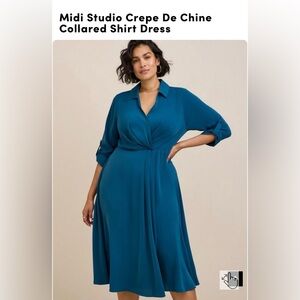 Torrid Midi Crepe De Chine Collared Shirt Dress in Legion Blue